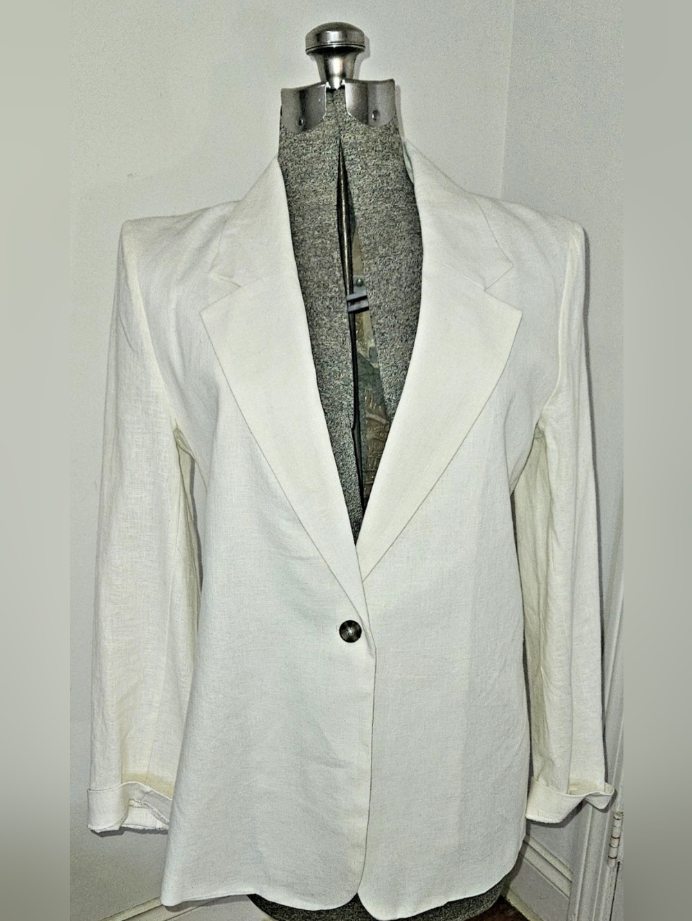 NWT Calvin Klein Antique White Single-Button Tailored Blazer Linen/Cotton Sz 10